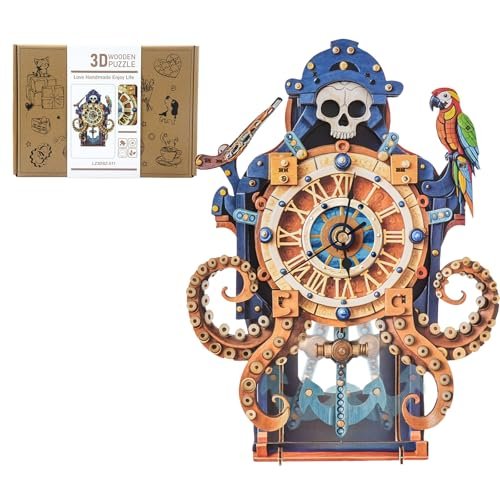 3D Wooden Octopus Pirate Puzzle Clock - Mechanical Model Kit with Anchor Pendulum & Pirate Theme, DIY Building Kit for Adults Teens, Vintage Wall Clock for Home Office Decor, Unique Gift for Men