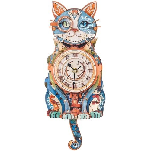 3D Wooden Puzzles for Adults Model Kit Detective Cat Clock, Mechanical Model Building Kits DIY Hobbies for Women Men, Vintage Wall Clock Puzzle Cat Lover Gifts for Adults Craft Gift Home Decor