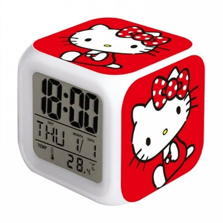 3＂LED Alarm Clock Cartoon Hello Kitty Pattern Desk Table Glowing Electronic Colorful Digital Clock for Girl Boy Kids Children Bedroom Toy Birthday Present Gift