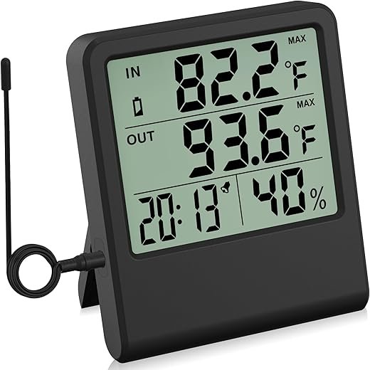 4-in-1 Thermometer Hygrometer with Alarm Clock, Large LCD, 1.5 m Waterproof Probe for Fridge/Greenhouse/Aquarium, 10-Second Refresh, Max/Min, °C/°F, Wall/Desk/Magnetic Mount