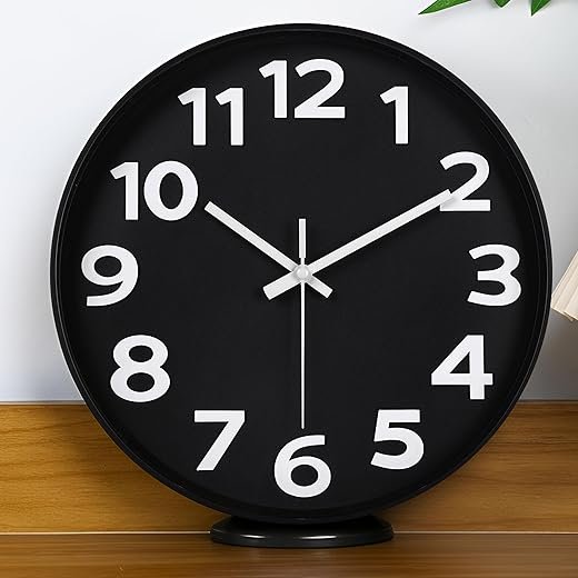 45MinST 12 Inch 3D Number Dial Face Modern Indoor Outdoor Clock, Silent Non-Ticking Round Home Decor Wall Clock with Arabic Numerals (Black)
