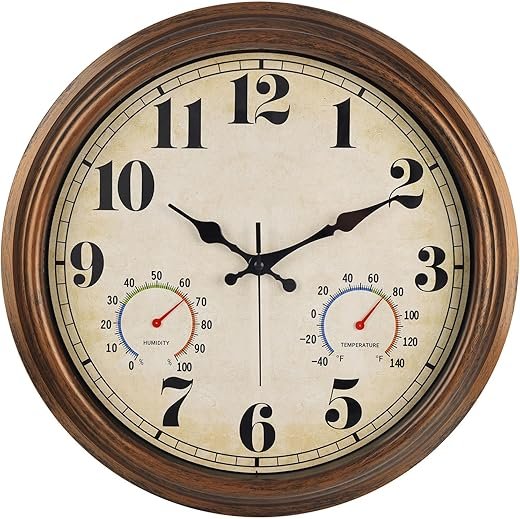 45MinST 16 Inch Bronze Vintage Large Indoor/Outdoor Waterproof Wall Clock with Thermometer & Hygrometer, Silent Non-Ticking Quartz Timepiece for Home, Porch, Garden,Pool