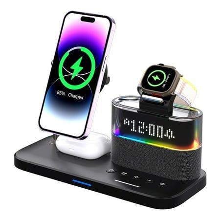 4 in 1 Wireless Charging Station Alarm Clock, Charging Dock for Apple Devices, Charger Stand for iPhone 16 15 14 13 12 11 Pro Max for Apple Watch & AirPods