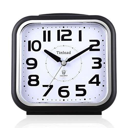 5.5" Large Analog Alarm Clock Silent Non Ticking, Gentle Wake, Beep Sounds, Increasing Volume, Battery Operated Snooze and Manual Light, Easy Set, Black (Best for Elder)
