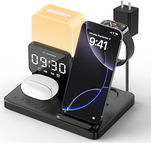6-in-1 Wireless Charging Station for Bedrooms, Qi-Certified Charger for iPhone 17 16 15 14 Pro Max, AirPods, iWatch, 15W Fast Wireless Charging Dock with Digital Alarm Clock, Night Light, 20W Adapter