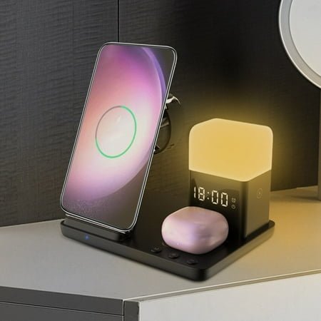 6-in-1 Wireless Charging Station with Night Light & Alarm Clock, 15W Fast Charger Stand for iPhone Android Phones Headphones, Bedside Desk Office Essential