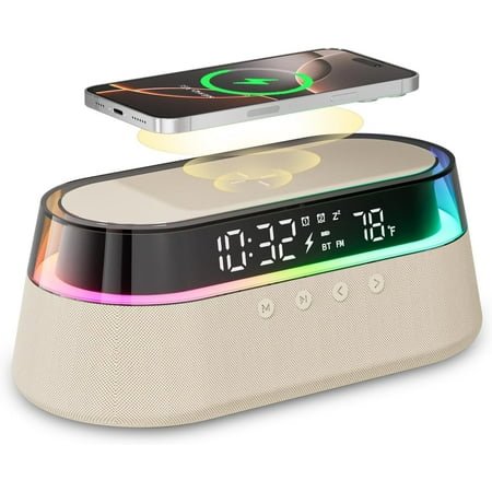 6 in 1 Alarm Clock for Bedroom, Digital Speaker Wireless Charging 15W, FM Radio, LED Night Light, Dual Alarm, Beige