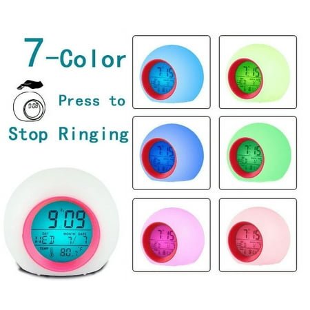 7-Colors Changing LED Nightlight Digital Calendar Temp Alarm Clock For Kids