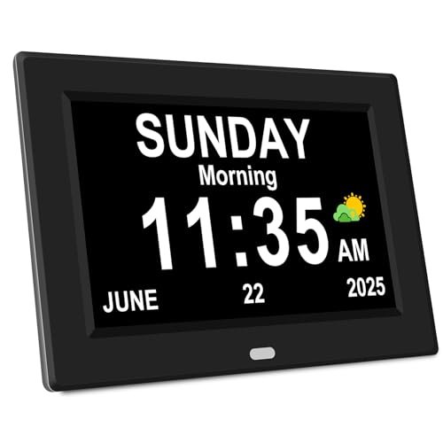 7‘’ Digital Alarm Clock for Elderly Large Display for Seniors Electric Clocks with Date Day of Week 12 Alarms 4 Colors Desk Wall Calendar Clocks for Memory Loss Alzheimers Dementia Auto DST/Dimmer