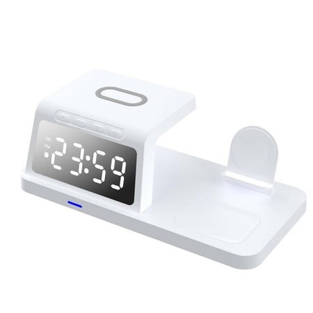 7 In 1 Charging Station with Clock - Fast Wireless Charger for Mobile Phone Smartwatch and Headphones - Versatile Charging Solution with Alarm Features and Display