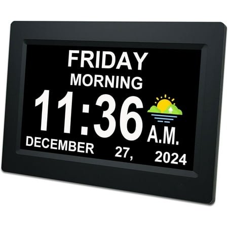 7 Inch Calendar Clock - 12 Alarm Options, Level 5 Auto Dimmable Display,Extra Large Impaired Vision Digital Clock with Non-Abbreviated Day & Month