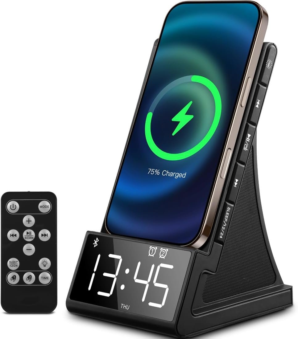 8-in-1 Wireless Charging Station with Bluetooth Speaker, Alarm Clock,FM Radio,Remote Control,Fast Charging Dock Compatible with iPhone 17/16/15/14, Samsung S25/S24,Android Phones