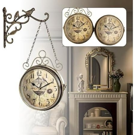 8 Inch Vintage Double Sided Wall Clock - Retro 20th Century Iron Antique Hanging Clock, Silent Non-Ticking Quartz Clock for Office, Cafe, Library, Bedroom, Living Room & Train Station Decor