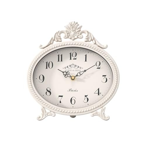 Abdurey Vintage Table Clock on Stand,Desk and Shelf Decorative Clock,French Rustic Style Mantel Clocks,Metal Frame Antique White Finish,Farmhouse,Bedroom, Bedside,Living Room,Gift Clocks