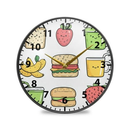 Acrylic Wall and Table Clock Food Pattern 11.9in Modern Decor with Golden Hands