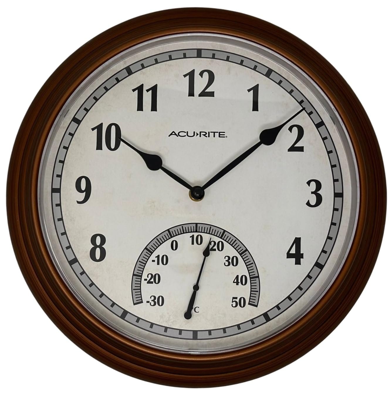 AcuRite 02368CAL: 13.5-Inch Indoor/Outdoor Round Analog Clock & Thermometer, All-Weather Frame, Copper Finish, Quartz Timekeeping