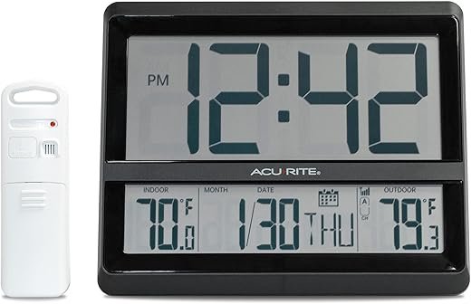AcuRite Large Wireless Atomic Clock with Indoor and Outdoor Temperature, Date, Day of The Week, and Automatic DST Changes (75440)