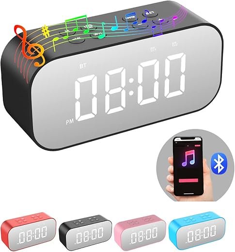 AFK Alarm Clock with Bluetooth Speaker for Bedroom/Office,Small Digital Clock for Heavy Sleepers Adults,Teens,Kids with Dual Alarms,Mirror LED Display,Hands-Free Calling.