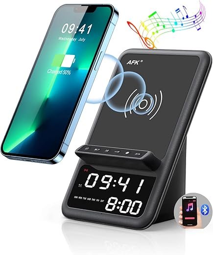 AFK Wireless Charging Station with Bluetooth Speaker and Alarm Clock,Wireless Charger Compatible with iPhone,Android Phones(Black)