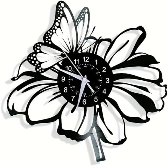AIENAI Butterfly Flower Vinyl Wall Clock, 12 Inch Modern Decorative, Battery Operated, Black