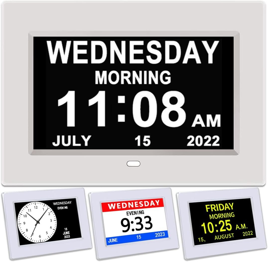 AINFTIME DST Clock with Day and Date for Elderly-3 Display Digital Calendar Alarm Day Dementia Alzheimers Clock with Extra Large Display (7in White)