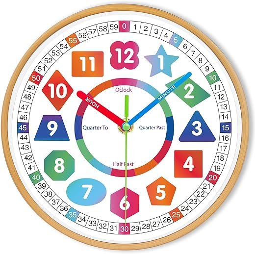 AIRUIFU Wall Clock for Kids-Telling Time Easily Teaching Clock Silent Non Ticking Battery Operated Colorful Teaching Time Clock Decorative for Kids Room Classroom School Playroom (8 Inch)