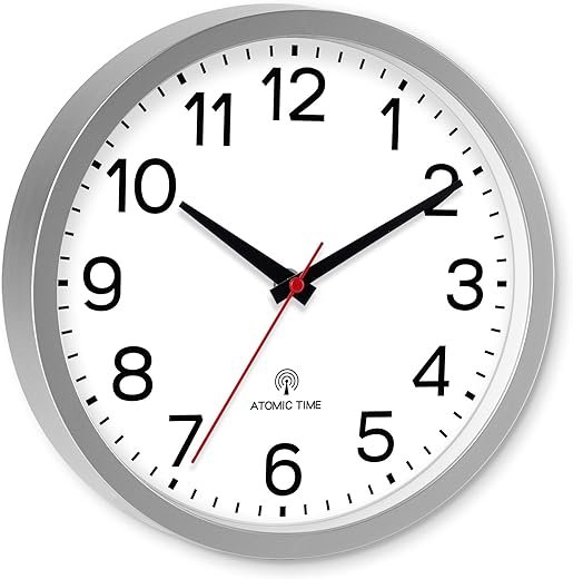 AKCISOT Atomic 10 Inch Wall Clock Analog Clocks for Indoor Kitchen, Battery Operated Clock for Bedroom Office Classroom Living Room(Silver)