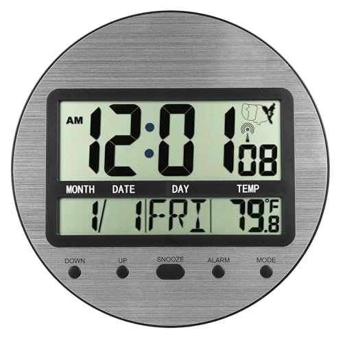 Alarllok Atomic Digital Wall Clock - 9.25 Inch Round Self-Setting Clock with Temperature & Date, Auto Time Sync & DST Adjustment - Battery Operated, Easy to Read & Set, Aluminum Silver