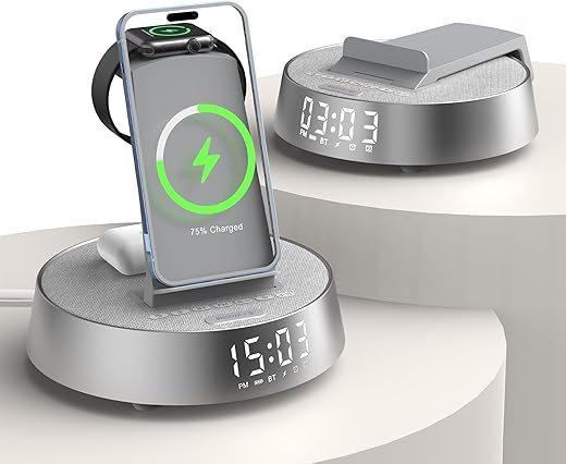 Alarm Clock Charging Station for Bedrooms, Wireless Charging Station with Dimmable Night Light Bluetooth Speaker, Mag-Safe Charger for iPhone 16 15 14 13 12 Pro Max, Apple Watch