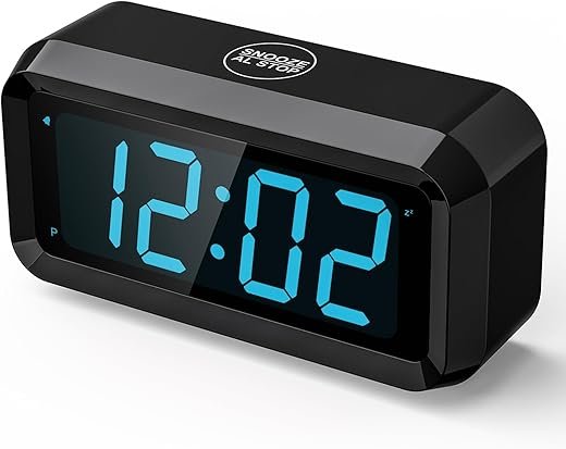 Alarm Clock,Digital Alarm Clock for Bedrooms,Battery Operated Clock,Adjustable 3 Brightness,1.2 inch LED Time Display, 12/24Hr, Cordless,Snooze (Black-Blue led)