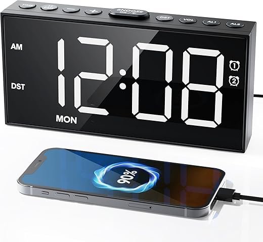 Alarm Clock for Bedroom Heavy Sleepers, Dual Alarms,Weekday/Weekend/Everyday,7.5''LED Large Display,5 Dimmer,Digital Clock with Snooze, 5 Volume,Type C & USB Chargers,Snooze,Battery Backup,Easy to Use
