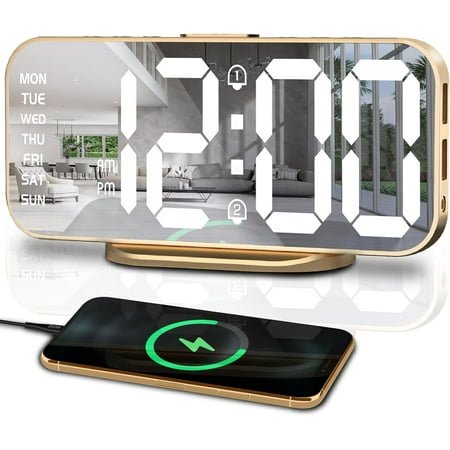 Alarm Clocks for Bedrooms, LED Mirror Digital Clock, Large Display with Dimming Mode, Dual Alarms & USB Ports, 4 Levels Brightness, Clock for Living Office Home Room Decor, Gold