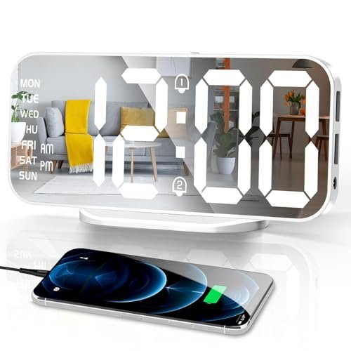 Alarm Clocks for Bedrooms, Slim LED Mirror Digital Alarm Clock, Large Display with Diming Mode, Dual Alarms & USB Ports, 4 Levels Brightness, Desk Clock for Office Home Bedroom Living Room Decor