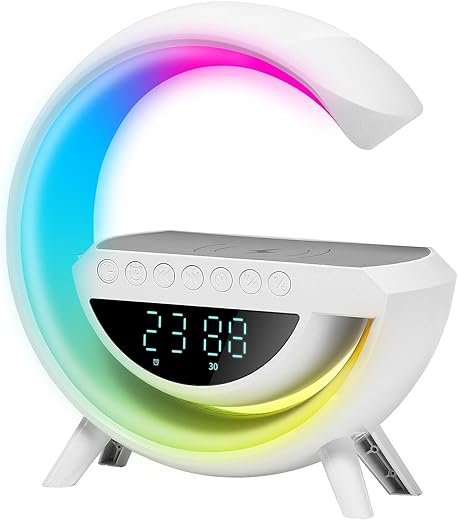 Alarm Clocks For Bedrooms White Speaker Wireless Charger Smart Light Sound Machine Smart Alarm Clocks for bedrooms Night Light Lamp 6.14 inch Sunrise Alarm Clock Restroom Bedroom (Mini-Style 3401)