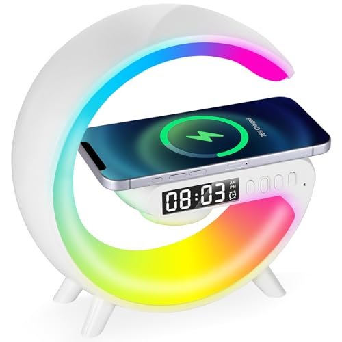 Alarm Clocks For Bedrooms White Speaker Wireless Charger Smart Light Sound Machine Smart Alarm Clocks for bedrooms Night Light Lamp Sunrise Alarm Clock Restroom Bedroom 6.14 inch(Mini-Style G63)