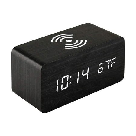Alarm Clock Wireless, Wood LED Digital Clock, Wooden Digital Electronic Alarm Clock, Sound Control Function, Time Date, Temperature Display, for Bedroom Office Home