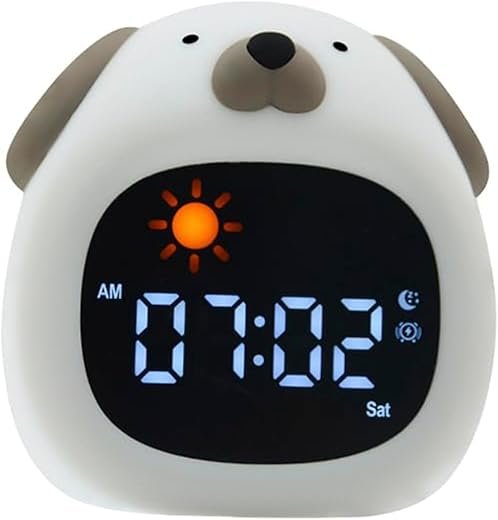 Alarm Clock with Night Light, Cute Cartoon Animal Dogs/Dinosaur/Cat/Litter Bear/Owl/Cloud-Shaped OK to Wake Clock with White Noise, Digital Display Electronic Clock, Dog