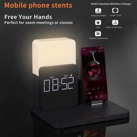 Alarm Clock with Wireless Charger, Night Light, Wireless Charging Station, 3 in 1 Charging Station, iPhone 12/13/14/15/16 Pro/13 Mini/13 Pro Max/12 pro, AirPods