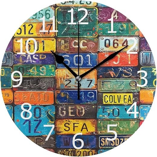 ALAZA Colorful License Plates Round Wall Clock Silent Non Ticking, Decorative Wall Clock for Kitchen Office Bedroom,Battery Operated