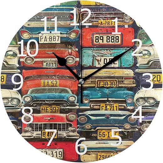ALAZA Non-Ticking Round Clock, Retro Auto License Plates Decorative Battery Operated Wall Clock for Desktop Break Room Apartment Shop