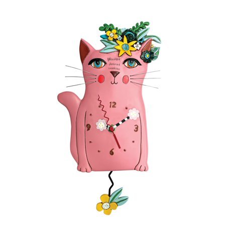 Allen Designs Pretty Kitty Pink Floral Cat Pendulum Wall Clock