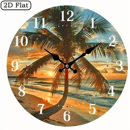 Aluminum Sign Rustic Wall Decor Tropical Beach Palm Trees Sunrise 2D Flat 1pc 10Inch Design Silent Wall Clock - Wooden, Ideal for Living Room, Kitchen, Office Decor, Perfect Christmas Gift