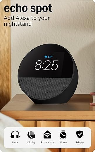 Amazon Echo Spot, Great for nightstands, offices and kitchens, Smart alarm clock with Alexa, Black