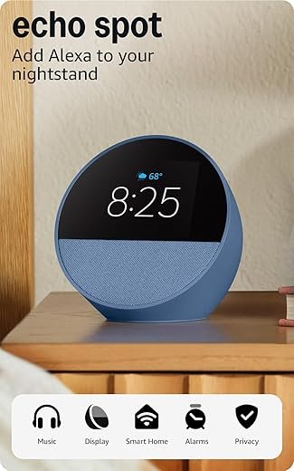 Amazon Echo Spot (newest model), Great for nightstands, offices and kitchens, Smart alarm clock with Alexa+ Early Access, Ocean Blue