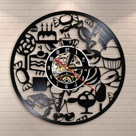 Amblelife Candy Chocolate Ice Cream Wall Clock Vinyl Record Clock Cakes Time Clock Vintage Sweet Foods Gift Decorative Kitchen Wall Clock