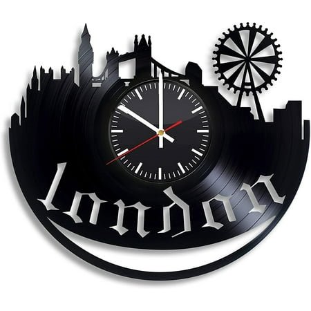 Amblelife London City United Kingdom England Vintage Black Vinyl Record Wall Clock Wall Art 3D Modern Design Office Bar Room Home Decor Gift