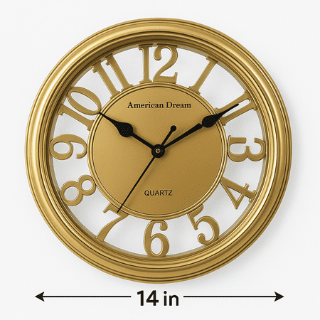 American Dream 14 Wall Clock, Non-Ticking Quartz Movement, Gold and Silver Finish, Silent Decorative Clock