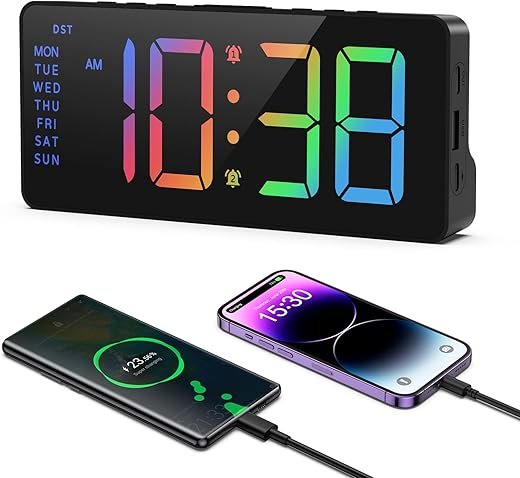 AMIR Colorful LED Alarm Clocks for Bedroom, 2 Alarms with Large Display, USB Powered Beside Clock with Date, 12/24H, Adjustable Volume, Dimmable, Snooze, DST, Alarm Clock for Heavy Sleepers