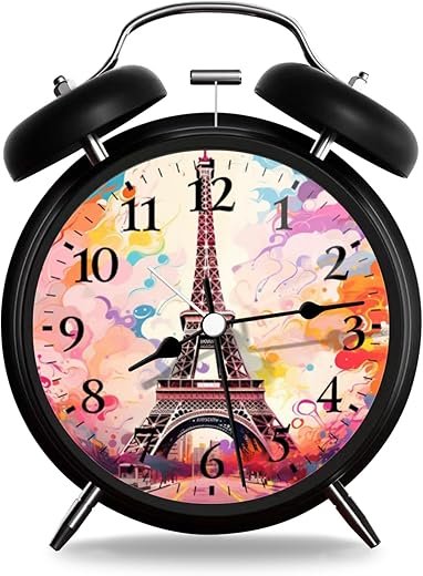 Analog Alarm Clock with Night Light,Silent Sweep Movement Battery Powered Compact Table Clock for Bedroom Office-Eiffel Tower in Paris of Colorful Illustration Style