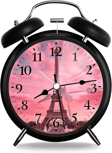 Analog Alarm Clock with Night Light,Silent Sweep Movement Battery Powered Compact Table Clock for Bedroom Office-Eiffel Tower with Pink Sky and Pink Clouds